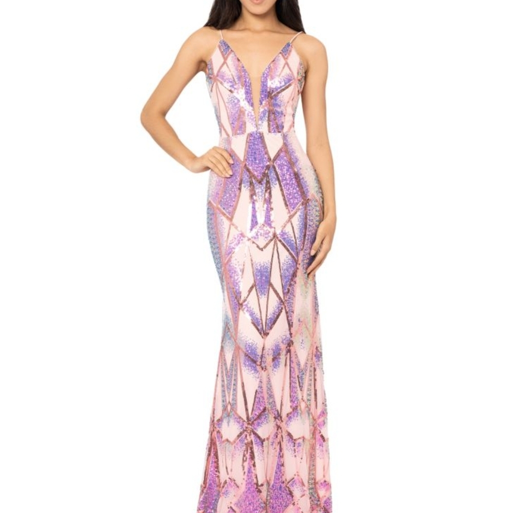 Betsy & Adam Pink and Purple Prom Gown Sleeveless Plunge